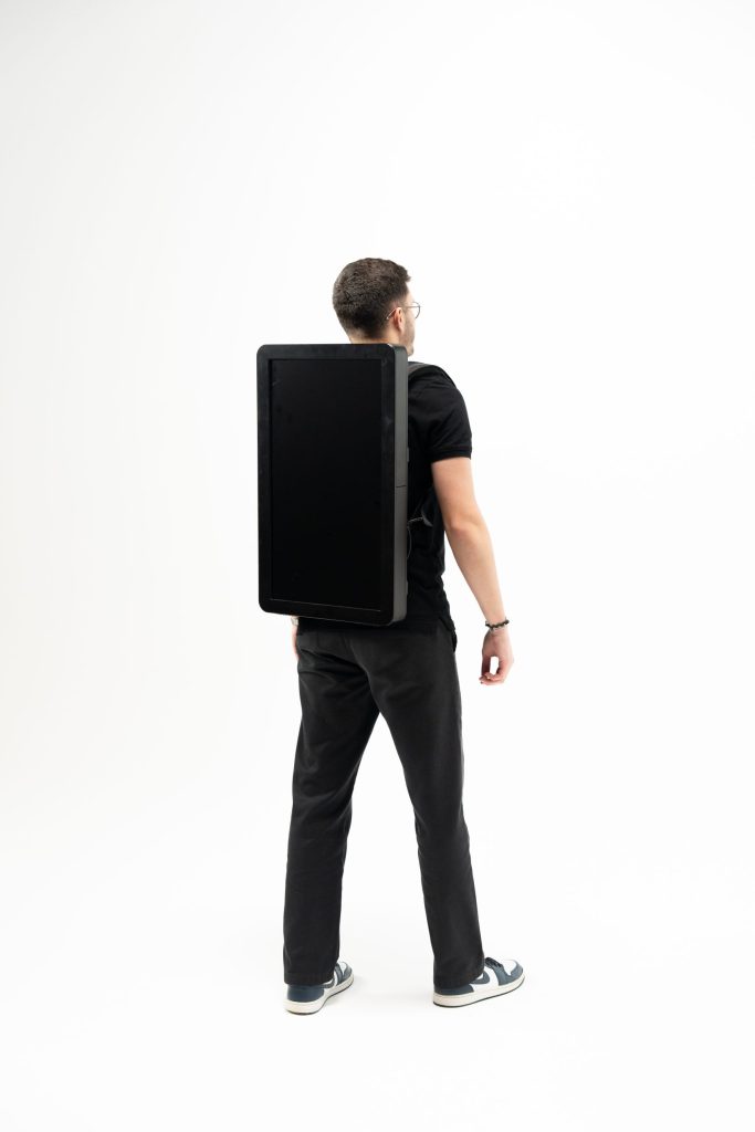 Backpack screen for street marketing and event promotions, lightweight and ergonomic advertising solution.