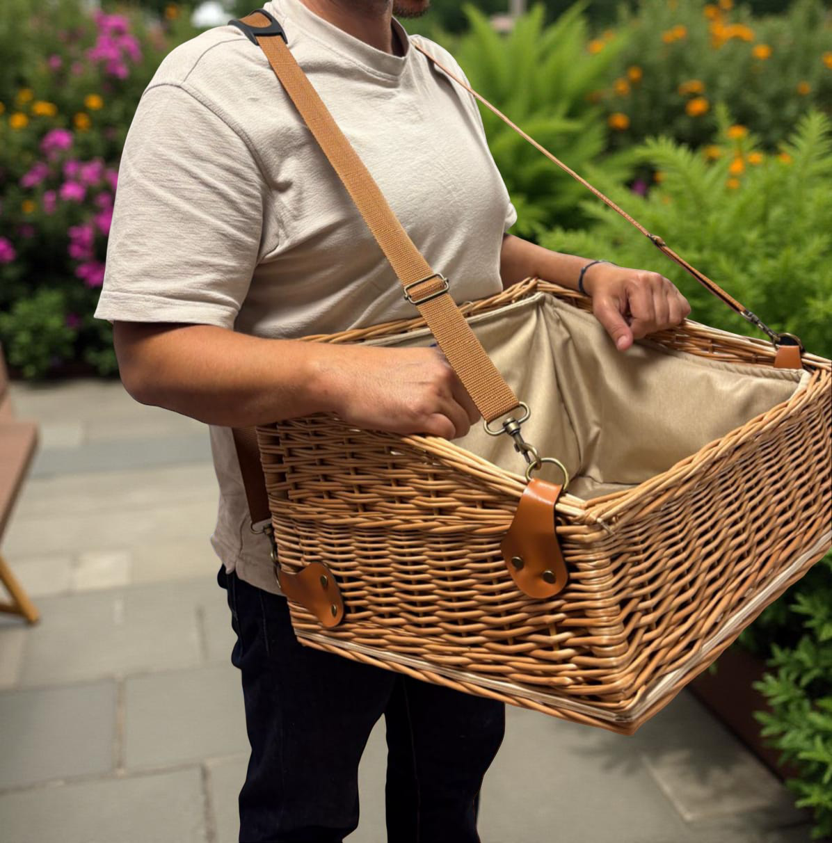Wicker vendor tray by InnovBackpack with removable adjustable harness, ideal for hands-free outdoor vending at festivals and theatres.