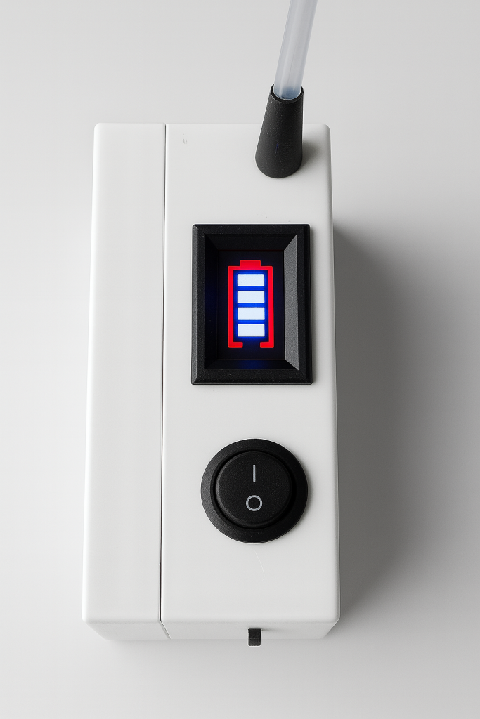 Integrated air compressor for the Innov Back Pack Mini Combo Bag, featuring LED battery indicator, USB-C port and on/off switch.