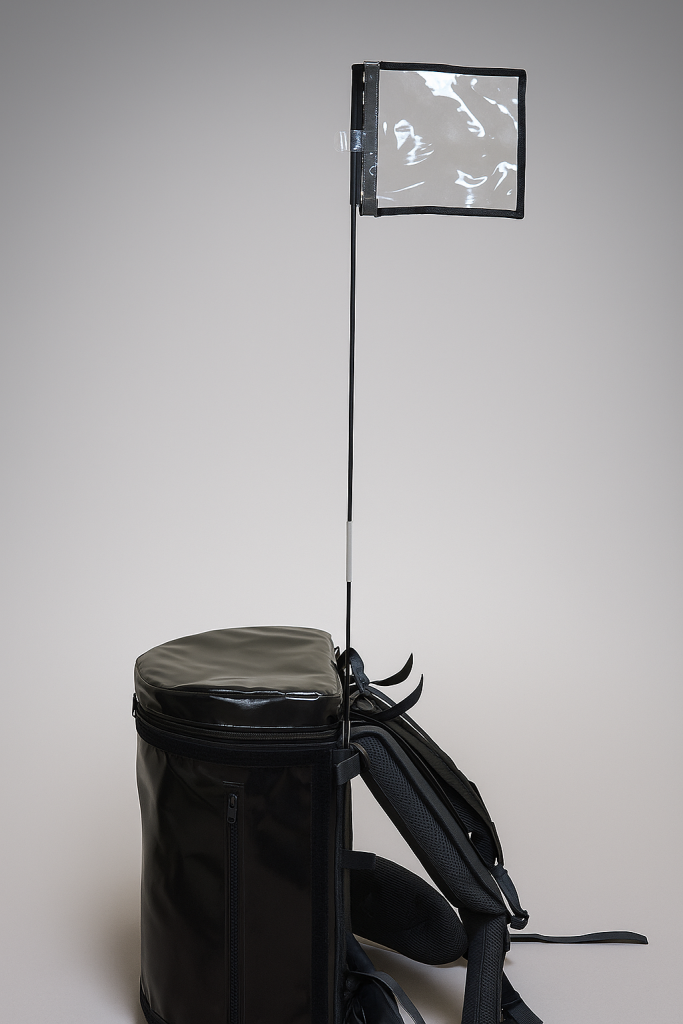 Foldable 120 cm support rod with double-sided flag holder attached to a beverage dispenser backpack.