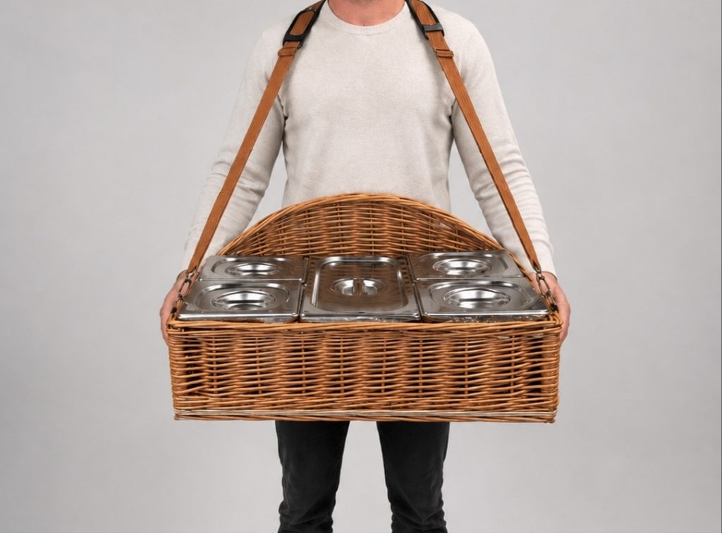 Panier ouvreuse en osier avec bacs GN en acier inoxydable et harnais ajustable