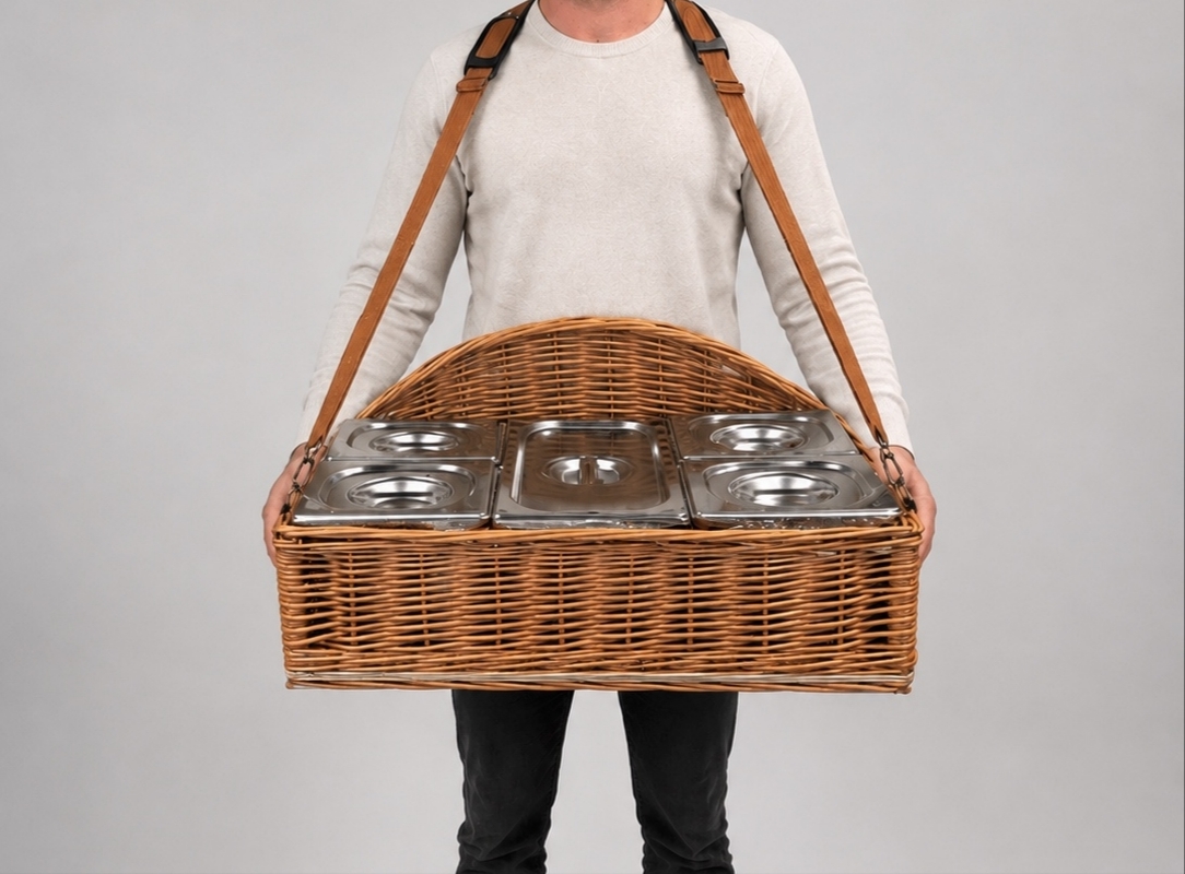 Wicker usherette basket with stainless steel GN pans and adjustable harness