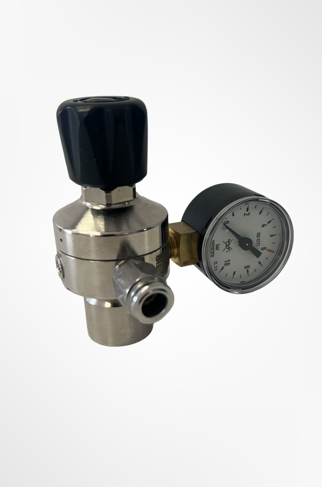 CO₂ pressure regulator for DraftGo beverage dispenser with stainless steel body and gauge.